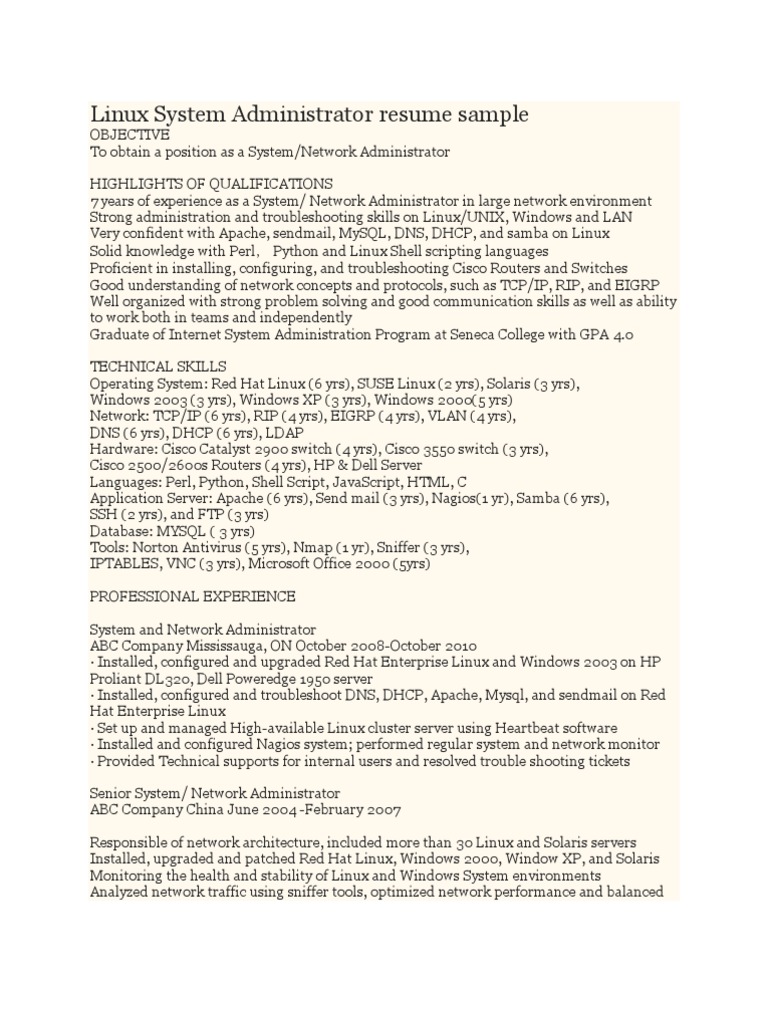 Linux System Administrator Resume Sample System Administrator Linux