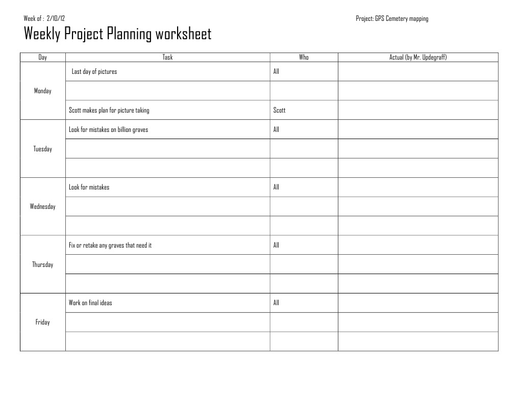 Weekly Project Planning Worksheet 2012 PDF Sports