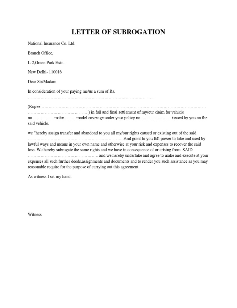 sample meaning document Letter Subrogation of