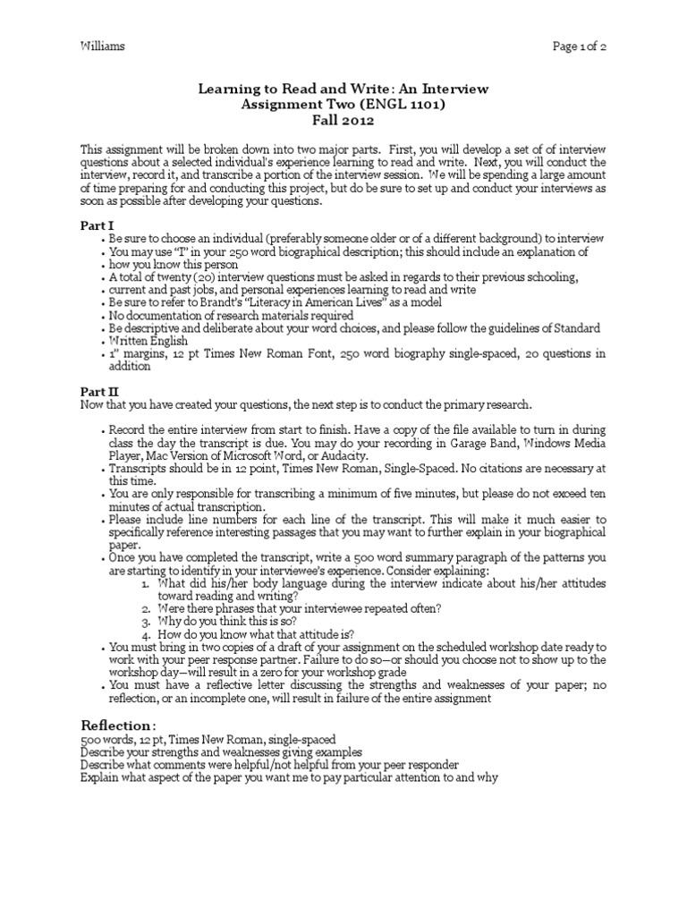 A2 Engl 1101 | PDF | Literacy | Interview