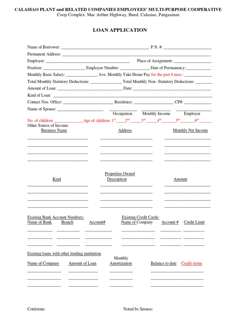 Coop Loan Application Promissory Note Loans
