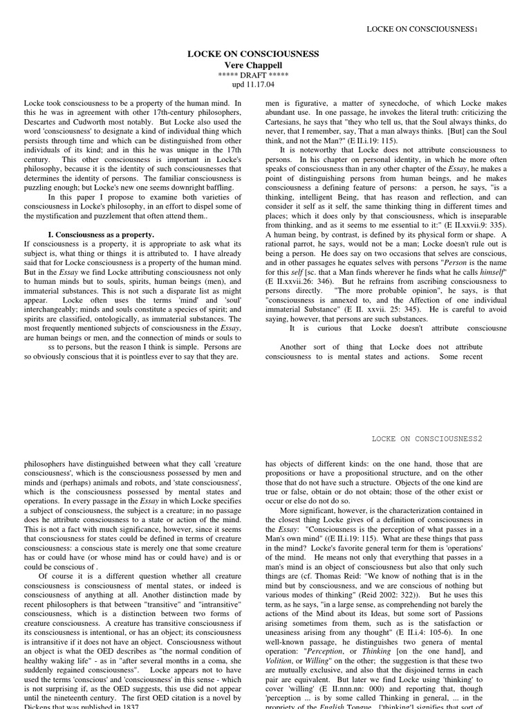 Locke's Concept of Consciousness Explained | PDF | Consciousness | Mind