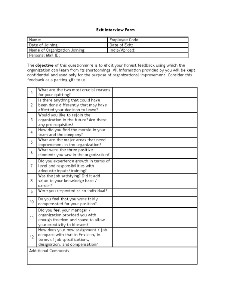 Exit Interview Feedback Questionnaire | PDF | Career & Growth | Business