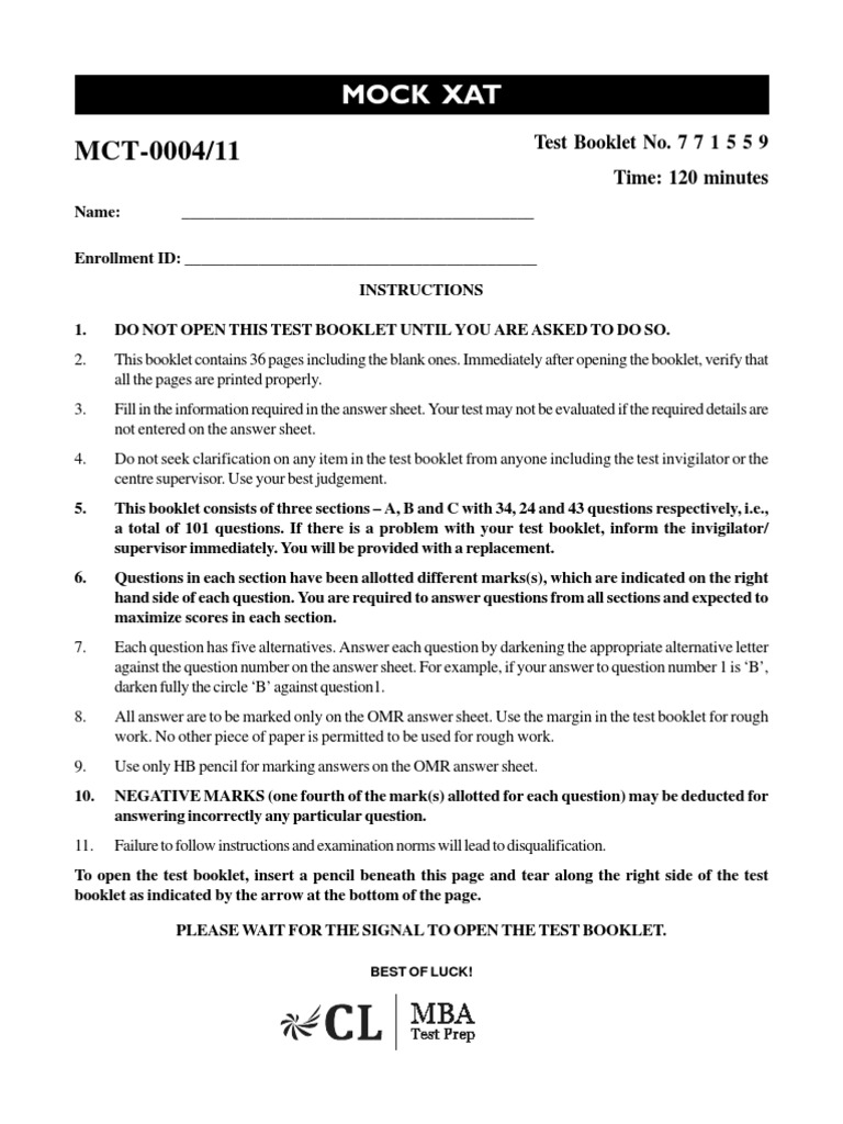 Mock Xat: Test Booklet No. 7 7 1 5 5 9 Time: 120 Minutes | PDF ...