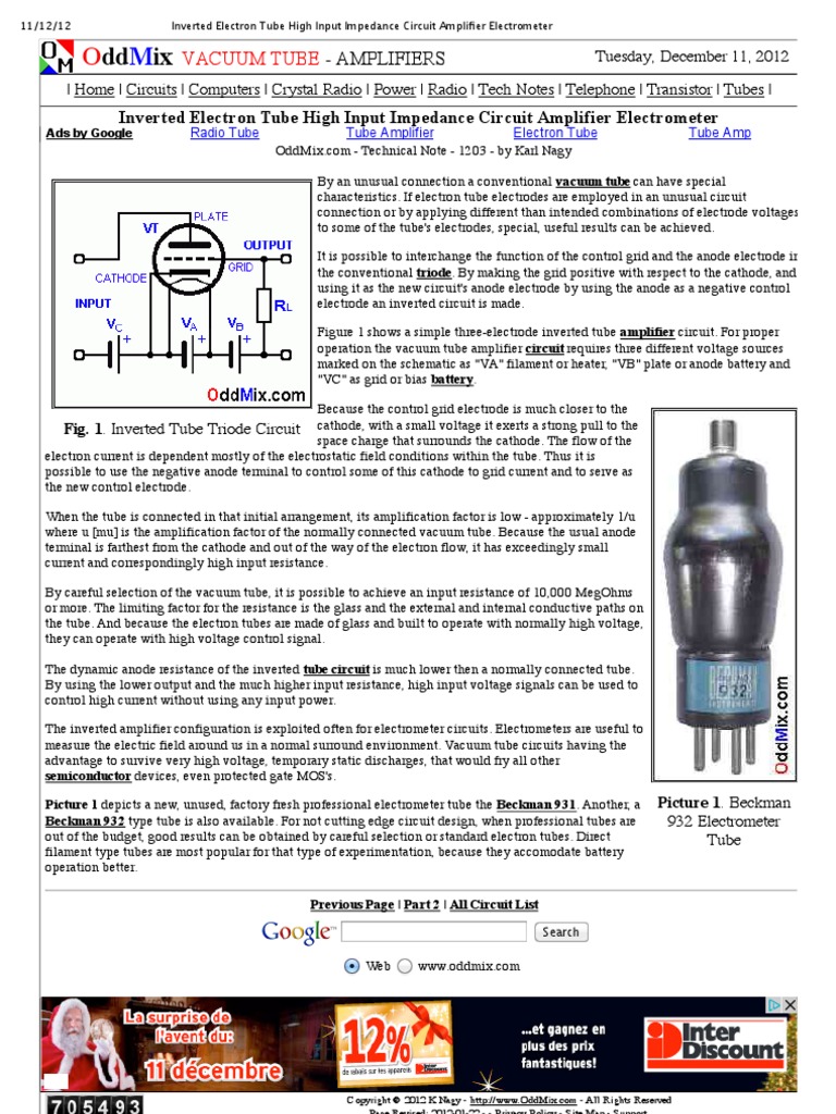 Inverted Electron Tube High Input Impedance Circuit Amplifier