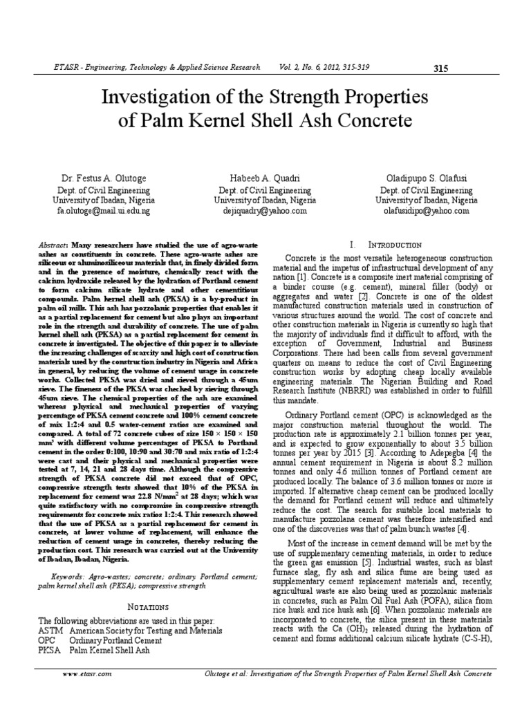 Investigation of The Strength Properties of Palm Kernel Shell Ash ...