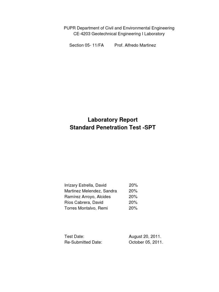Laboratory Report Standard Penetration Test - SPT | PDF | Geotechnical ...