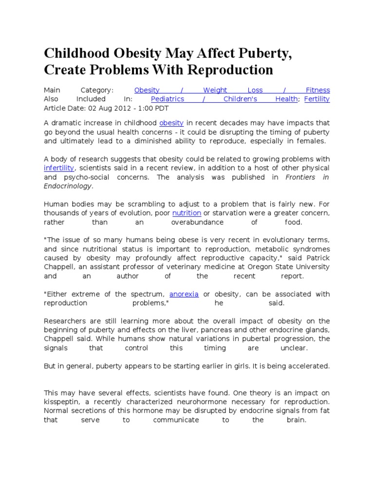 Childhood Obesity May Affect Puberty | PDF | Puberty | Circadian Rhythm