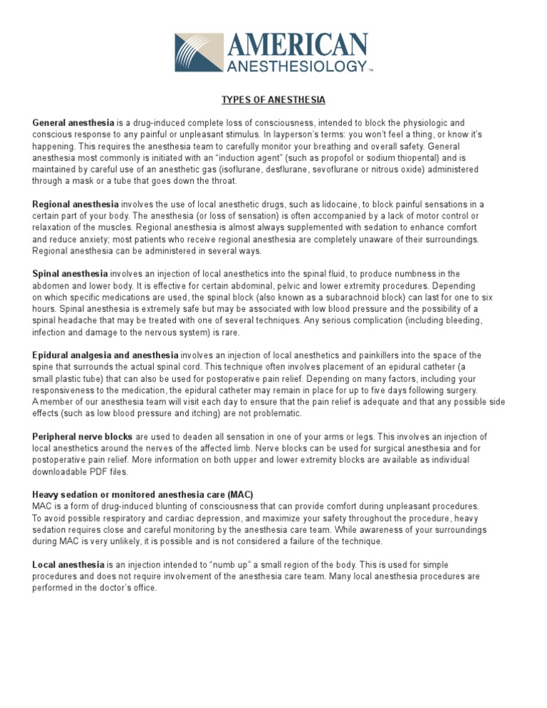 Types of Anesthesia PDF Anesthesia Symptoms And Signs