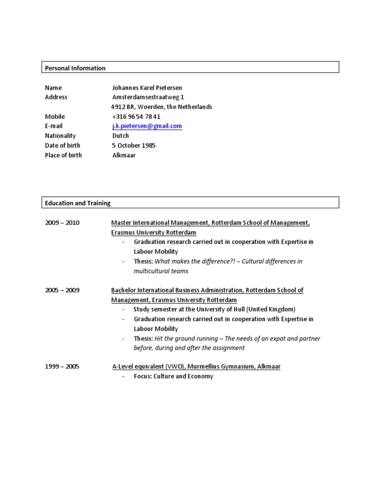 Sample CV For The Netherlands PDF