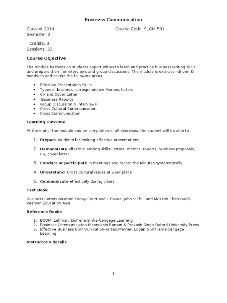 Business Communication Course Handout | Pedagogy | Cognitive Science