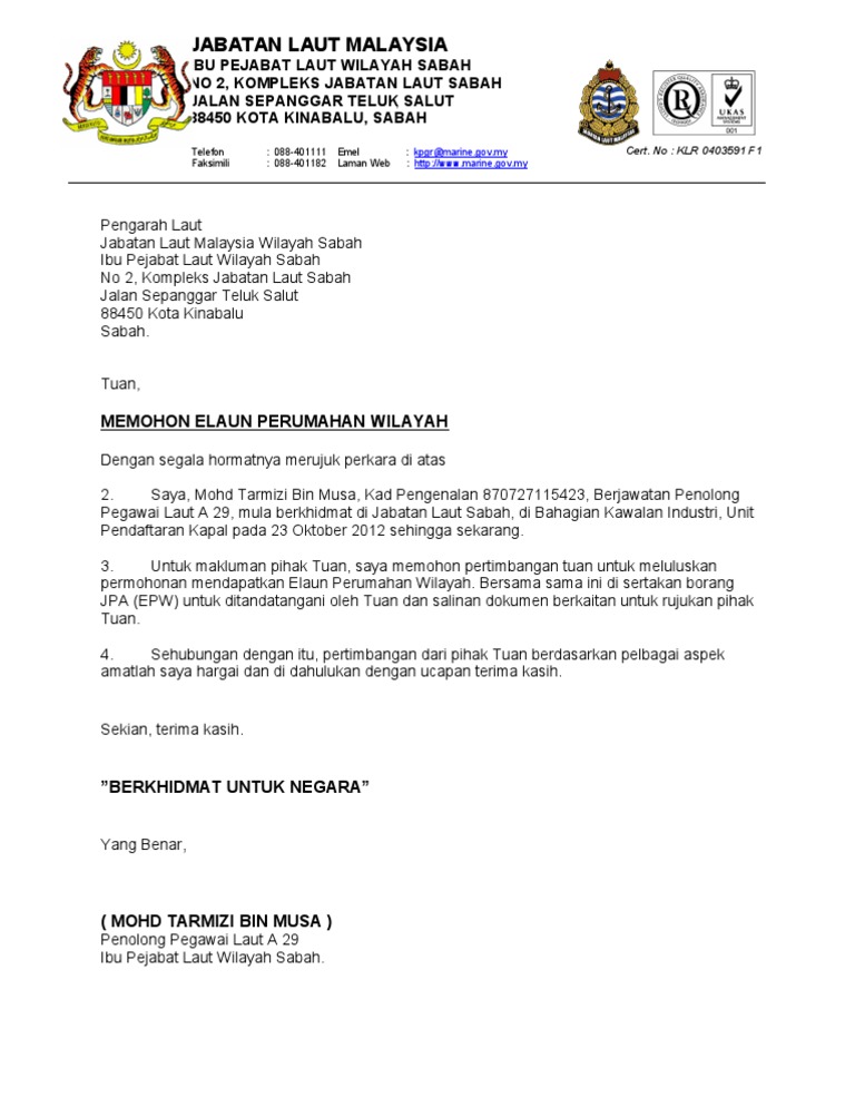 Jabatan Laut Malaysia Memohon Elaun Perumahan Wilayah Pdf