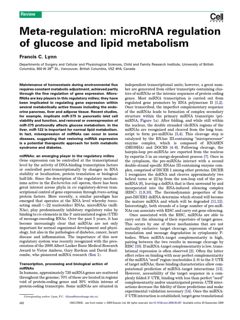 MicroRNA Role in Metabolism Regulation | PDF