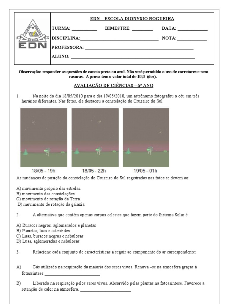 Avaliação de Ciências 6° Ano - 4° Bimestre | PDF | Sistema Solar | Terra