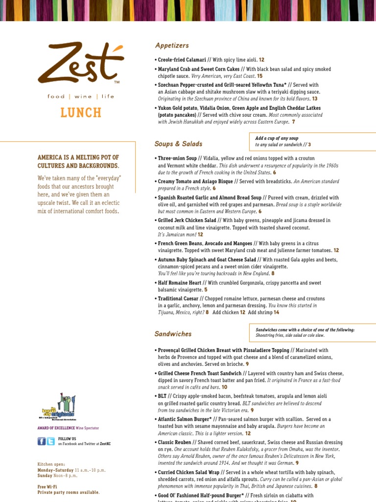 Zest Lunch Menu PDF Salad Coleslaw