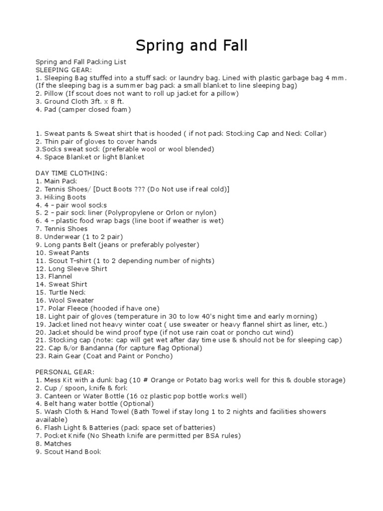 Essential Spring-Fall Packing List | PDF | Sock | Shirt