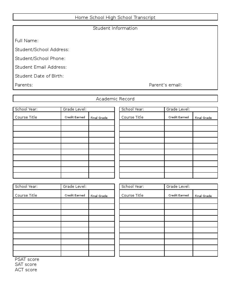 Editable Homeschool High School Transcript | PDF | Wellness