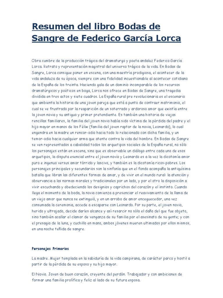 Menos Real Erudito Resumen Del Libro Bodas de Sangre de Federico García Lorca | PDF | Federico  García Lorca | Boda