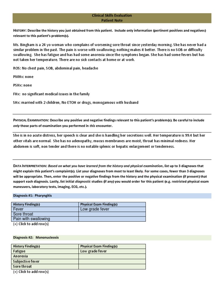 Clinical Skills Evaluation: Patient Note | PDF