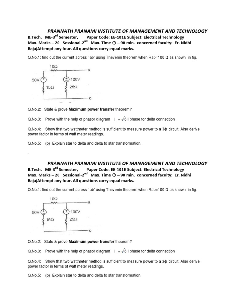 Electrical Tech Exam: Key Theorems | PDF | Science & Mathematics