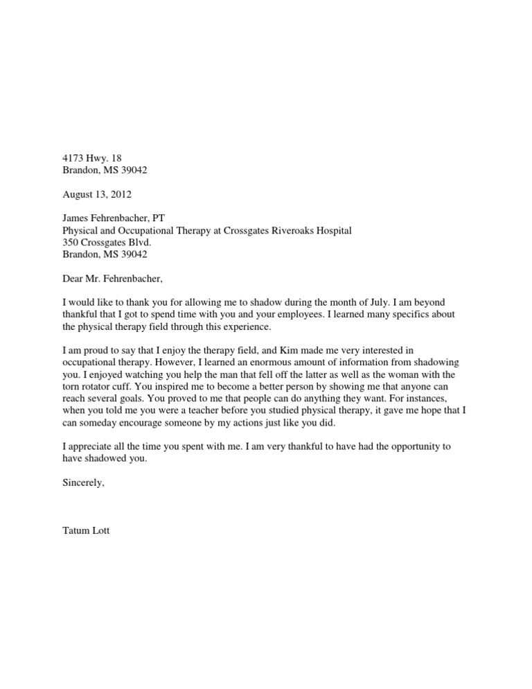 Job Shadowing Thank You Letter