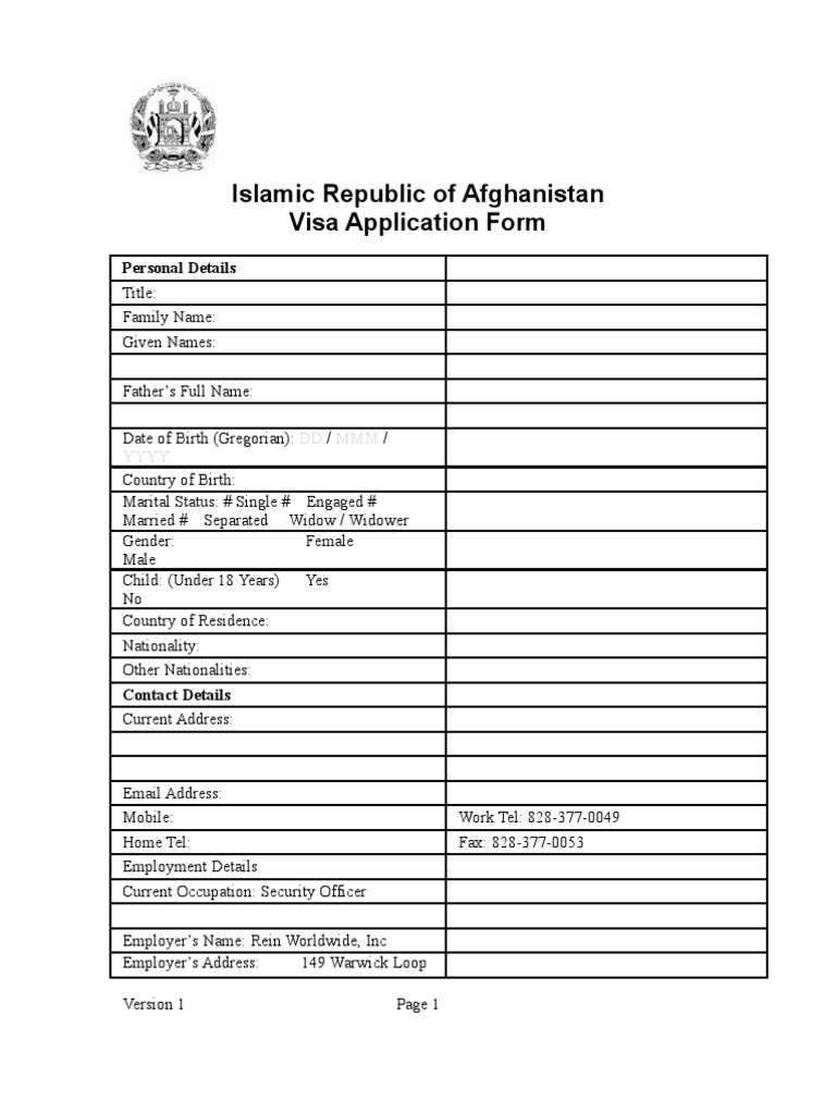 Islamic Republic of Afghanistan Visa Form Travel Visa Passport