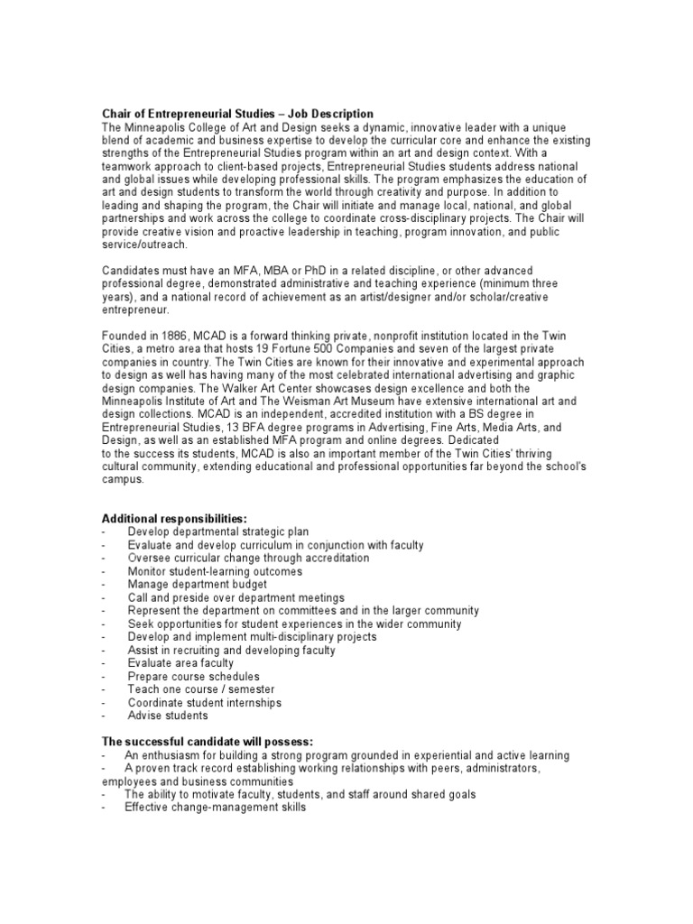 MCAD Entrepreneurial Studies Chair Job Description Download Free PDF