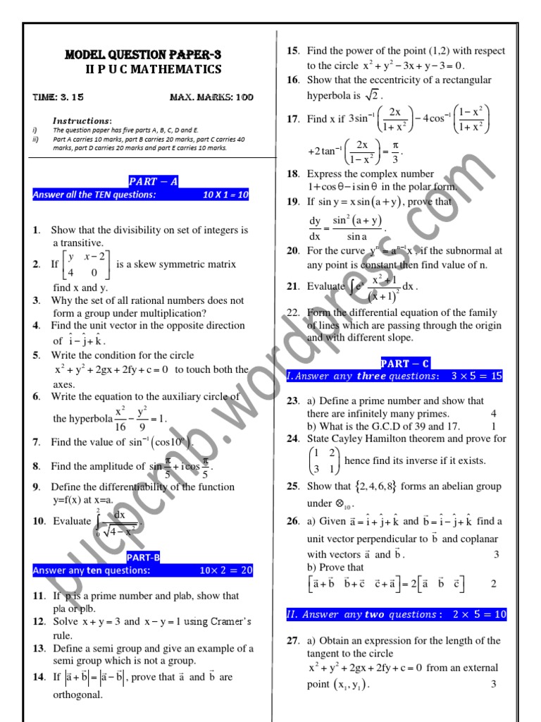 Model Paper Mathematics II Puc 3 PDF | PDF