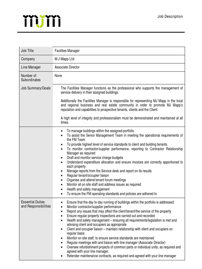 Facilities Manager Job Spec 1212 PDF Business Wellness