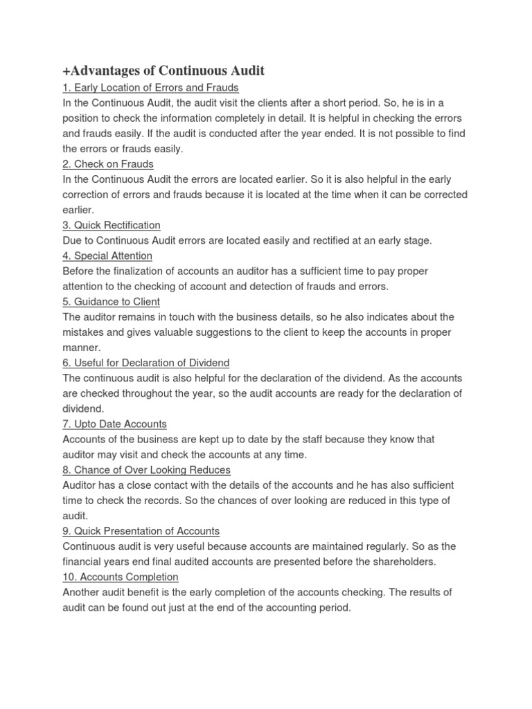 Advantages and Disadvantages of Continuous Audit | PDF | Auditor's ...