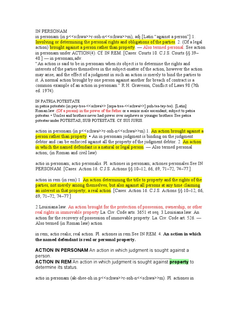 IN PERSONAM In Rem Jurisdiction Legal Personality