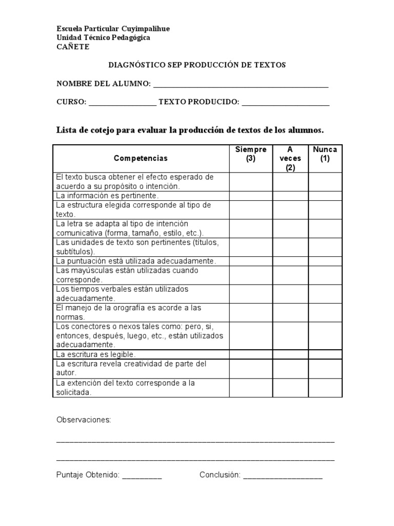 Lista de cotejo para evaluar la producción de textos de 