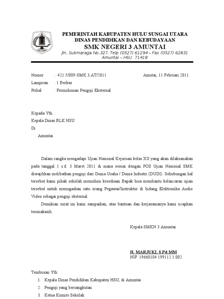 Contoh Surat Permohonan Penguji Ujian Produktif