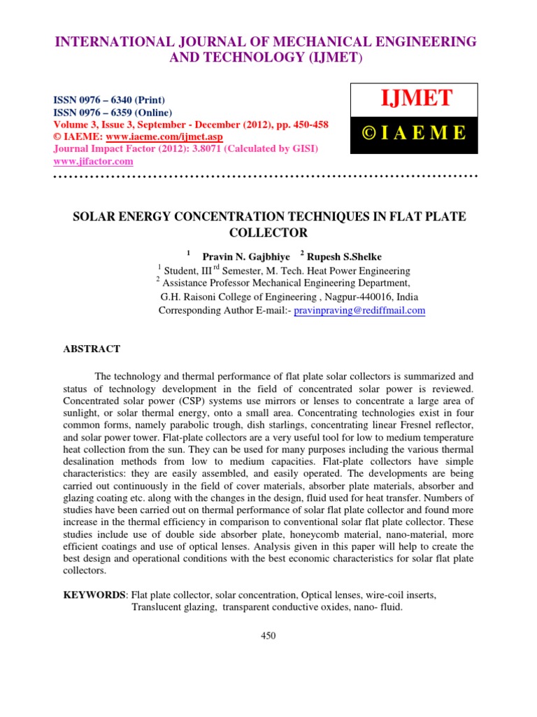 Solar Energy Concentration Techniques in Flat Plate Collector | PDF
