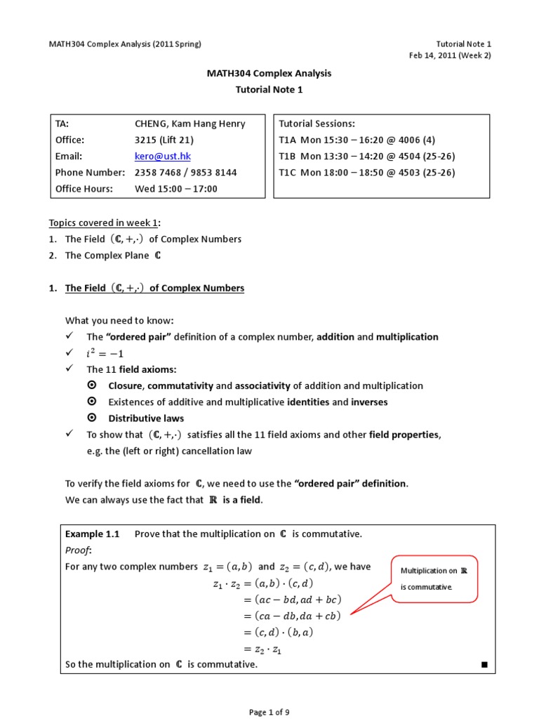Complex Analysis Tutorial Notes | PDF | Complex Number | Trigonometric ...