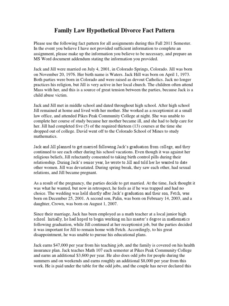 Family Law Hypothetical Divorce Fact Pattern PDF Marriage Pregnancy