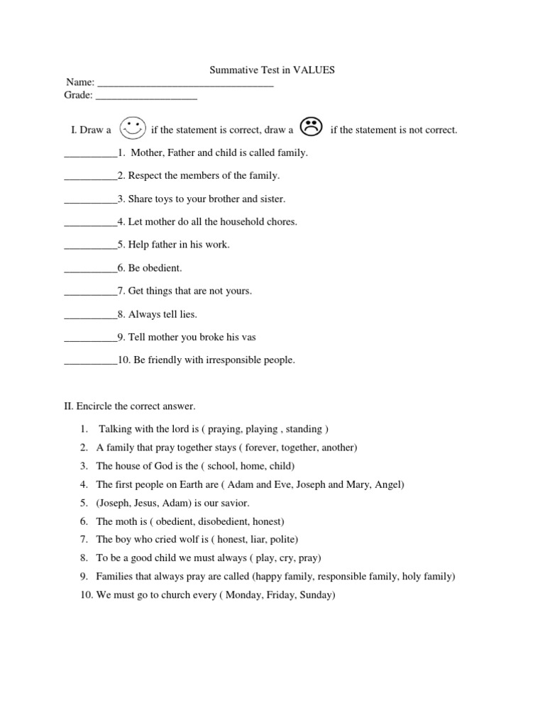 Values Summative Test for Students | PDF