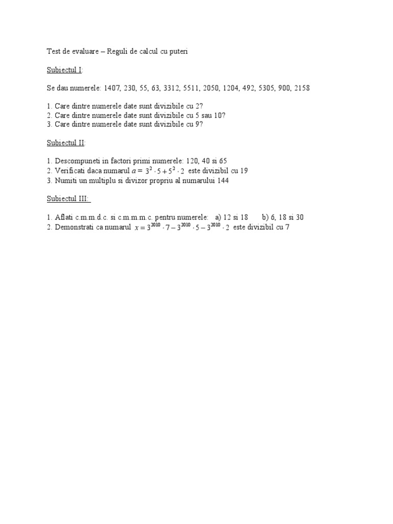 Test de Evaluare Cls6 - Divizibilitate | PDF