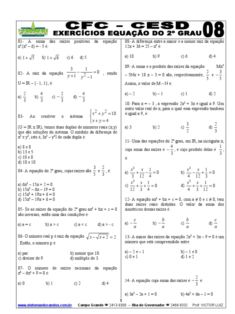 Exercícios Equação Do 2º Grau - 08 | PDF