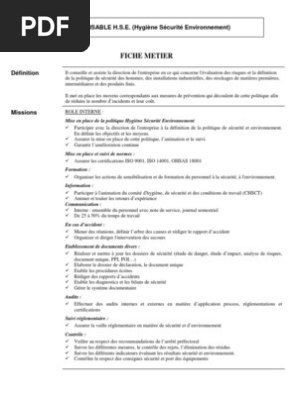 Fiche Poste Hse Pdf Securite Environnement Naturel