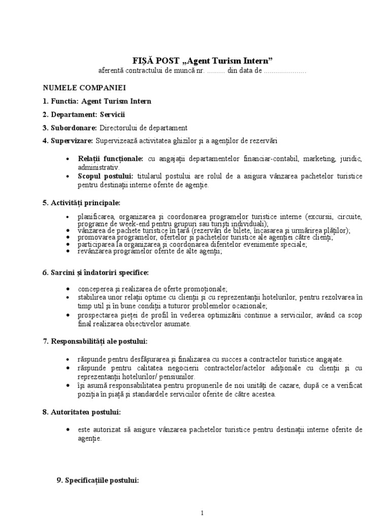 Fisa de Post - Agent Turism Intern | PDF
