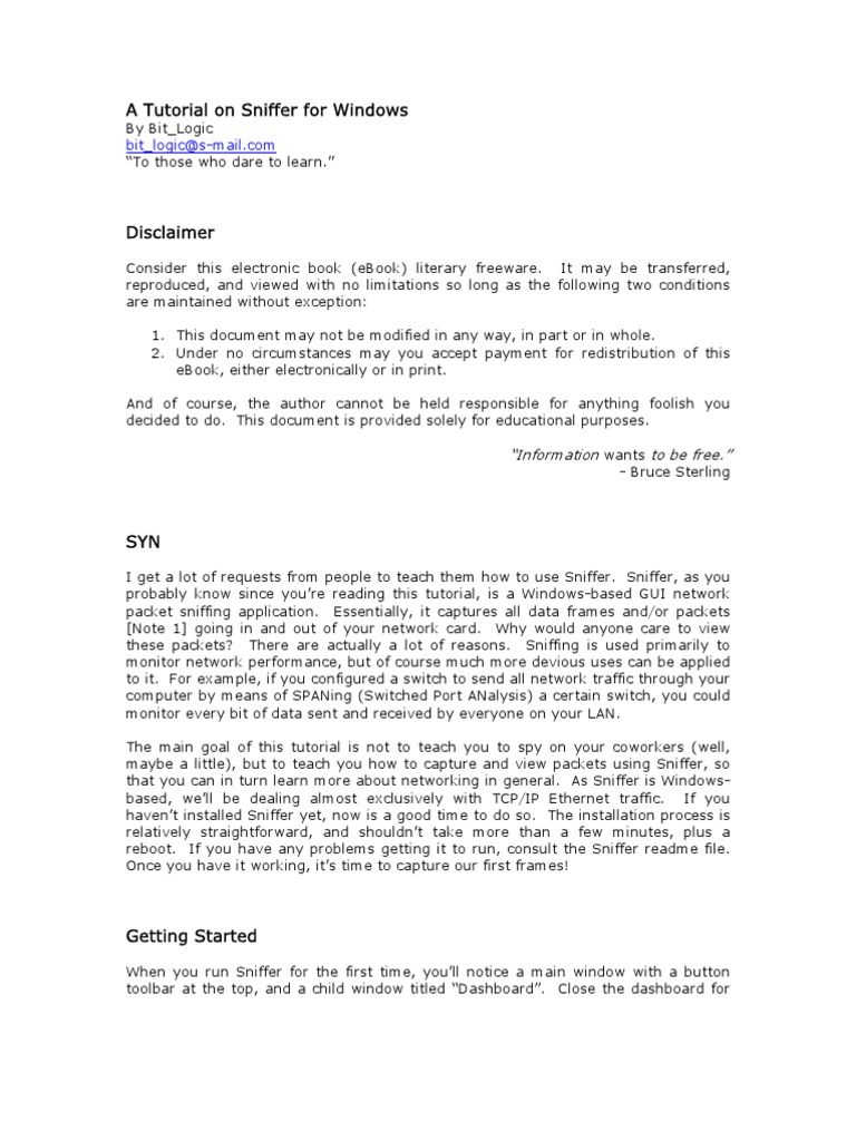 ATutorial For Sniffers For Windows | PDF | Transmission Control ...