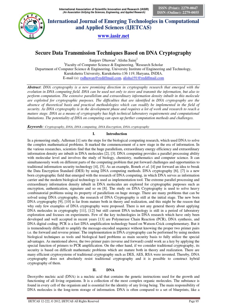Secure Data Transmission Techniques Based On DNA Cryptography | PDF ...