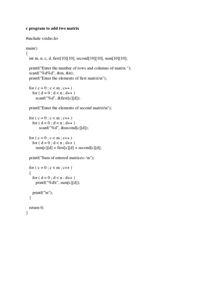 C Matrix Programs | PDF | Matrix (Mathematics) | Matrix Theory