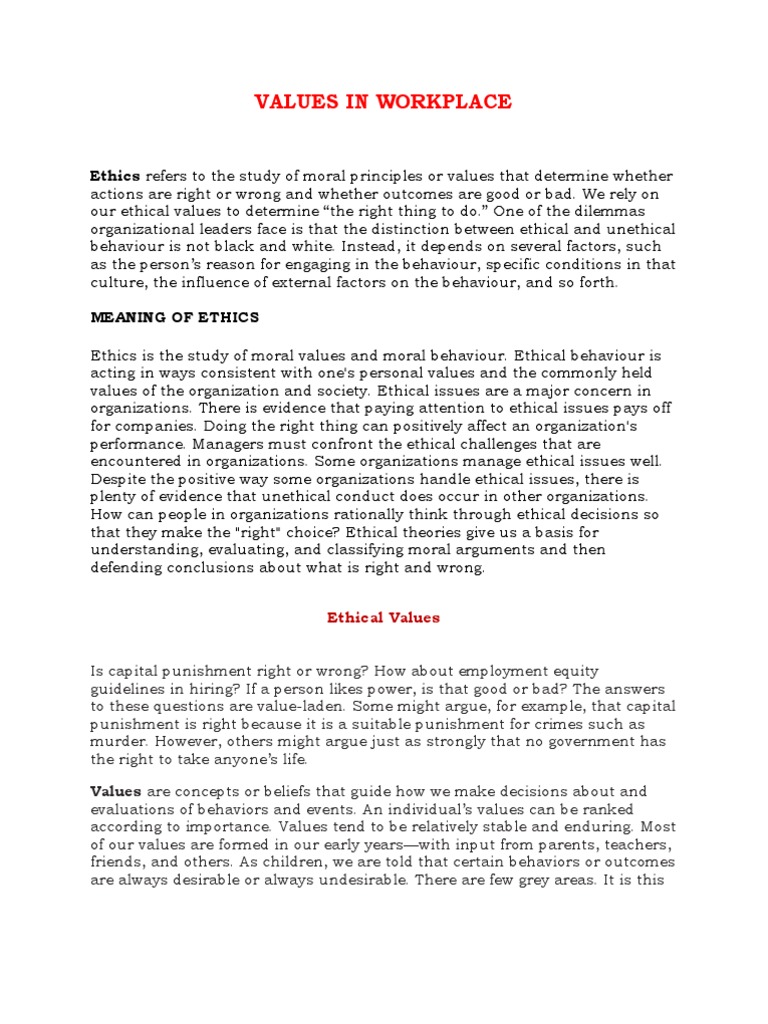 Values in Workplace T | PDF | Value (Ethics) | Corporate Social ...