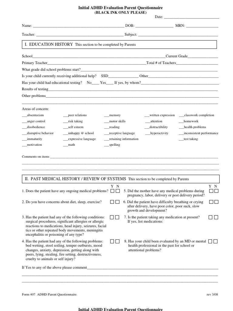 407 ADHD Parent Questionnaire PDF Attention Deficit Hyperactivity