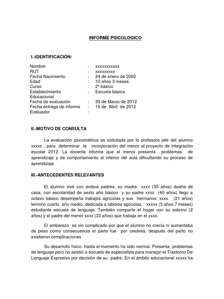 formato informe psicologico wisc iii v.ch