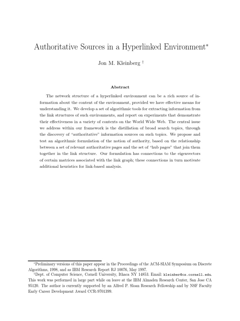 Authoritative Sources in A Hyperlinked Environment: Jon M. Kleinberg | PDF