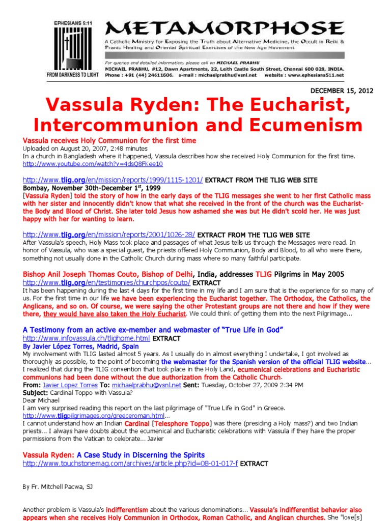 Vassula Ryden: Eucharist and Unity Issues | PDF | Catholic Church ...