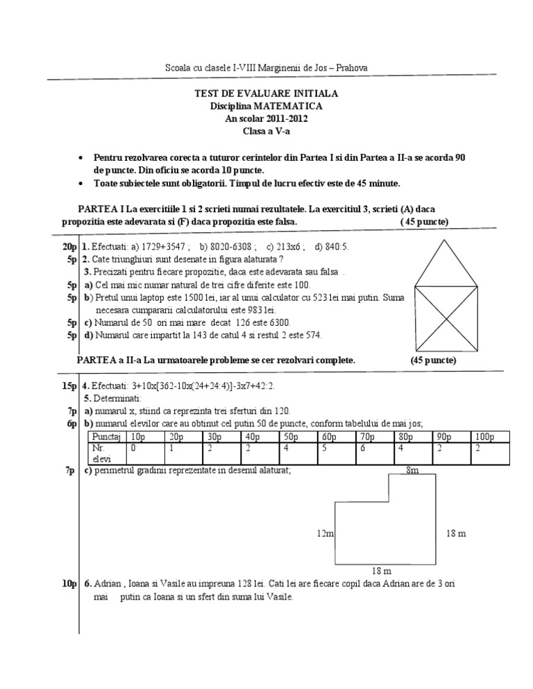 Test Initial Clasa A 5a | PDF
